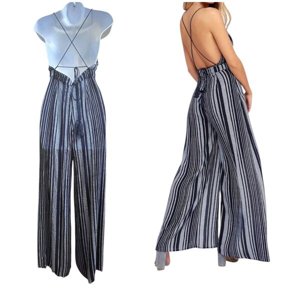 Lulus Suncrest Navy Blue Striped Backless Wide-Leg Jumpsuit Size XS Front Slit - Picture 3 of 15
